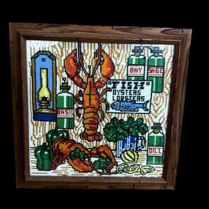 Needlepoint Lobster Seafood Bake Feast Professionally Framed in Wood 16.5x16.5"